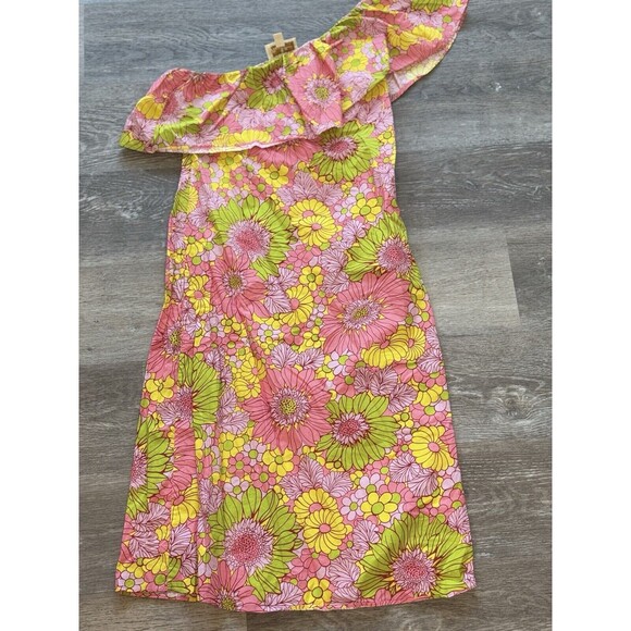 FLORA BEA NYC Retro Neon Floral Adalyn Midi Dress One Sleeve Women’s Sz L - Picture 2 of 6
